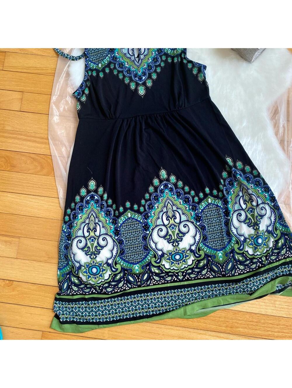 APT.9 Sleeveless Black Dress with Blue and Green Ornate Pattern PS